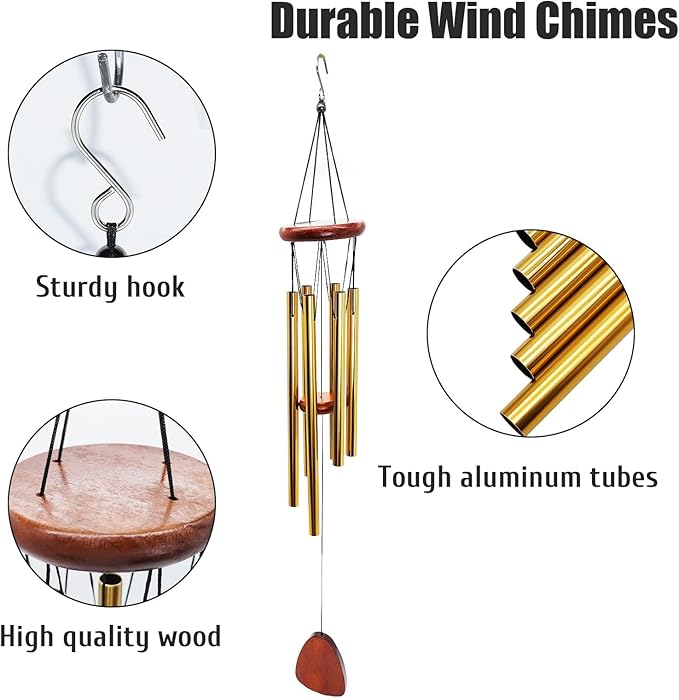 kathson Classic Wind Chimes for Outside, Memorial Windchimes for Loss of Loved One, Outdoor Deep Tone Aluminum Gift Wind Chime for Garden, Patio, Yard Zen Decoration, Gold