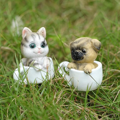 Pug Dog Mini Figurines with Stakes Adorable Garden Statues for Flower Plant Pot Decorations Miniaturefairy Garden Sculpture (Cuddly Puppy Dog)