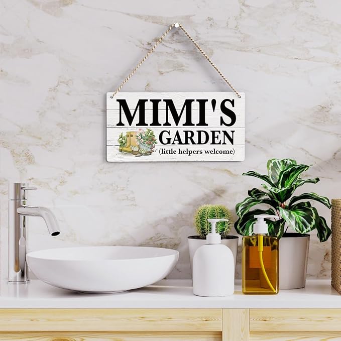 Mimi Gifts Outdoor Garden Wooden Sign Decor, Indoor Garden Decoration Hanging Signs 12x6 Inches, Outdoor Porch Yard Wall Art Decor Sign, Mother's Day Gifts Birthday Gift for Mom Grandma