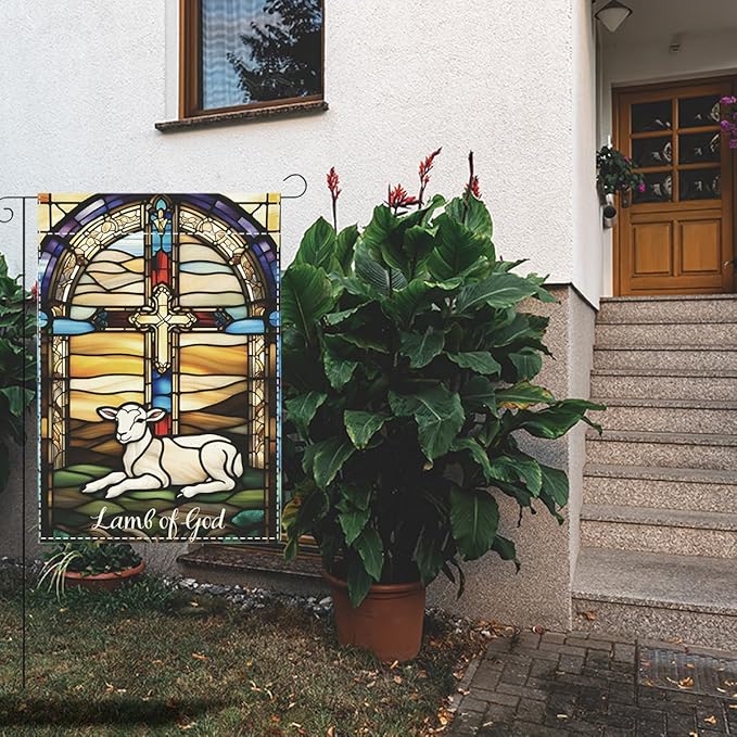 Lamb of God Easter Garden Flag Catholic Stained Glass Christian Easter Garden Flag Decor Spring Double Sided House Flag for Outside Yard Decorations 12×18 Inch
