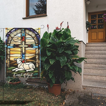 Lamb of God Easter Garden Flag Catholic Stained Glass Christian Easter Garden Flag Decor Spring Double Sided House Flag for Outside Yard Decorations 12×18 Inch
