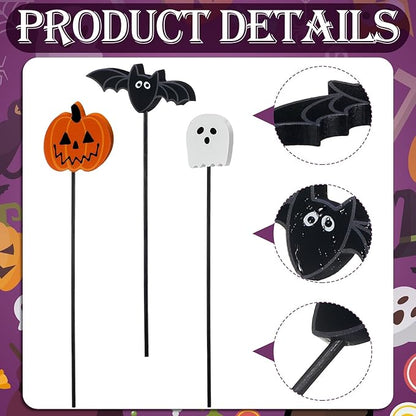6 Pcs Wood Pumpkin Ghost and Bat Garden Stakes Yard Decor Set for Halloween Indoor Outdoor Lawn Pathway Patio Ornaments