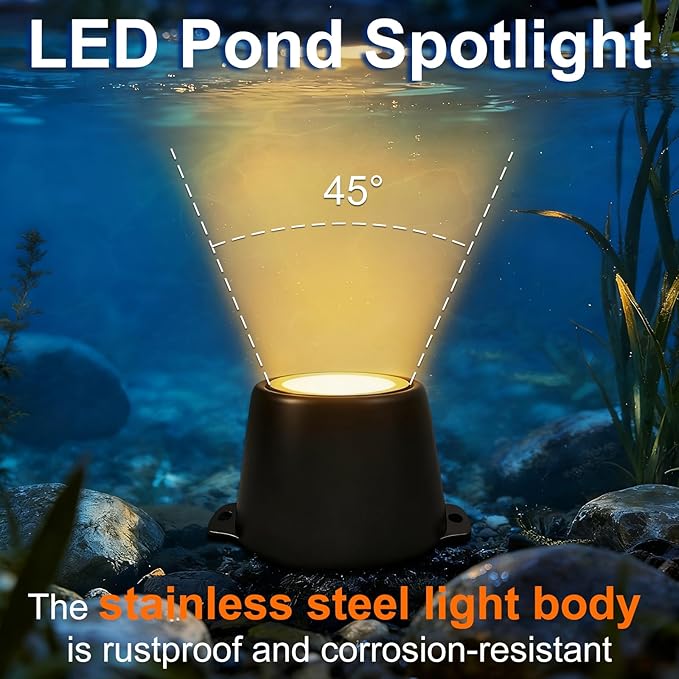 Pond Lights LED Underwater, 3000K Warm White 5W 12V-24V AC/DC Wired Submersible LED Spot Lights for Pond Fountain Waterfall Pool Aquascape, 45 Degree Angle, IP68, Stainless Steel, 6PK