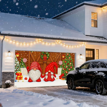 IVN Christmas Garage Door Cover Decoration 13x6ft Gnomes by Barn Doors with Tree Merry Christmas Garage Door Banner Home Door Front Yard Decor for Xmas Eve Holiday Outdoor