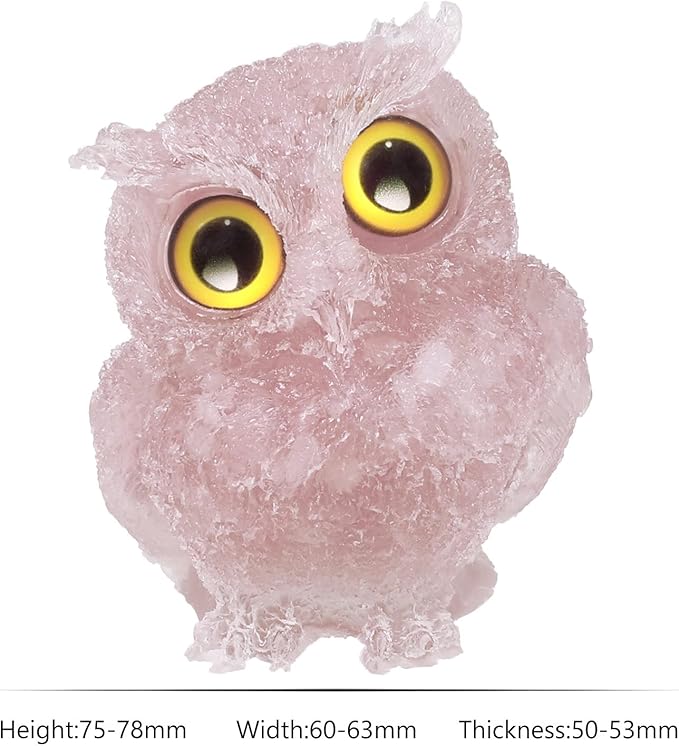 Nupuyai 3 inches Orgone Resin Crystal Chips Tumbled Stone Owl Statue, Mini Hand Carved Stone Crystal Animal Figurines for Tabletop Indoor Outdoor, Rose Quartz