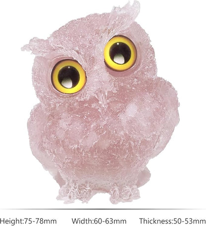 Nupuyai 3 inches Orgone Resin Crystal Chips Tumbled Stone Owl Statue, Mini Hand Carved Stone Crystal Animal Figurines for Tabletop Indoor Outdoor, Rose Quartz