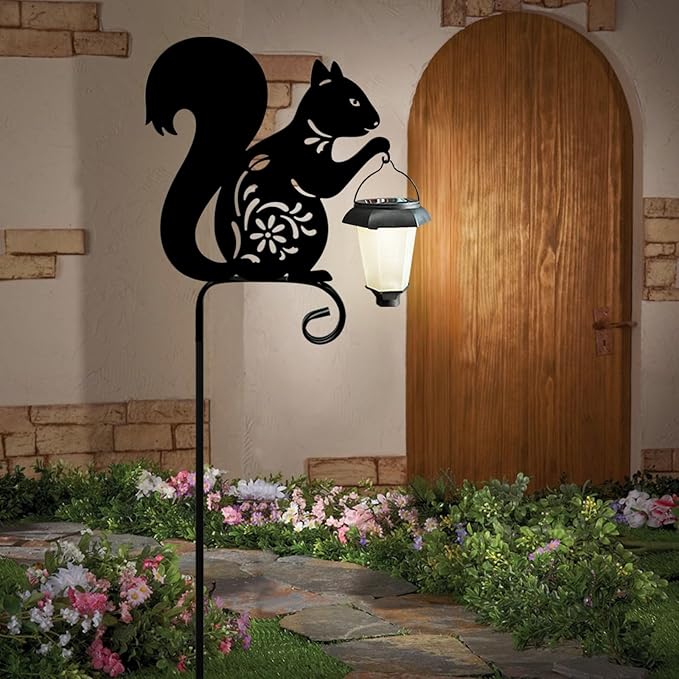 Metal Squirrel Garden Stake, Solar Lights Outdoor Solar-Powered with Lantern-Outdoor Waterproof Pathway and Garden Decorations (Black Squirrel)