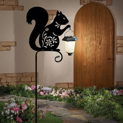 Metal Squirrel Garden Stake, Solar Lights Outdoor Solar-Powered with Lantern-Outdoor Waterproof Pathway and Garden Decorations (Black Squirrel)