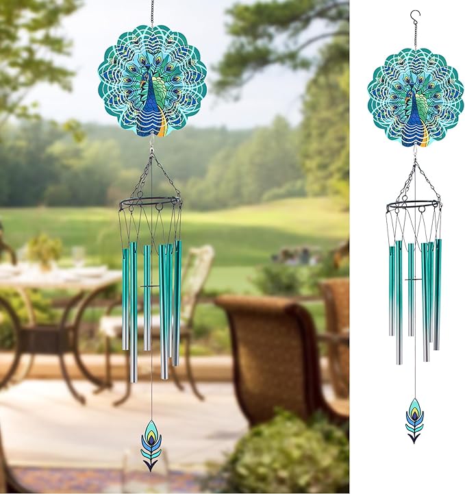 Wind Chimes with Peacock Wind Spinner, Gifts for Men, Women, Retirement, Teacher, Parents - Outdoor Hanging Decor Clearance for Garden, Patio, Backyard Or Porch