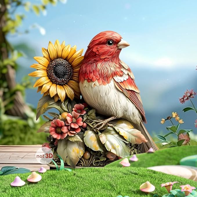 Garden Stake Decor, Acrylic 2D Flat Cute Animal Statue, Fairy Sculptures Ornament Indoor Outdoor Yard Lawn Pot Plant Decorative Accessories (Sunflower&Bird)