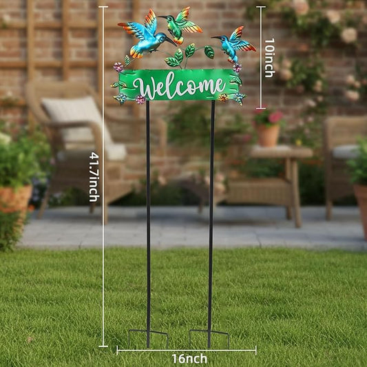 41.7inch Hummingbird Garden Stake for Yard, Lawn, Pathway, Hummingbird Outdoor Decor with Metal Welcome Yard Sign for Grandma's Garden Lawn Art Decorations