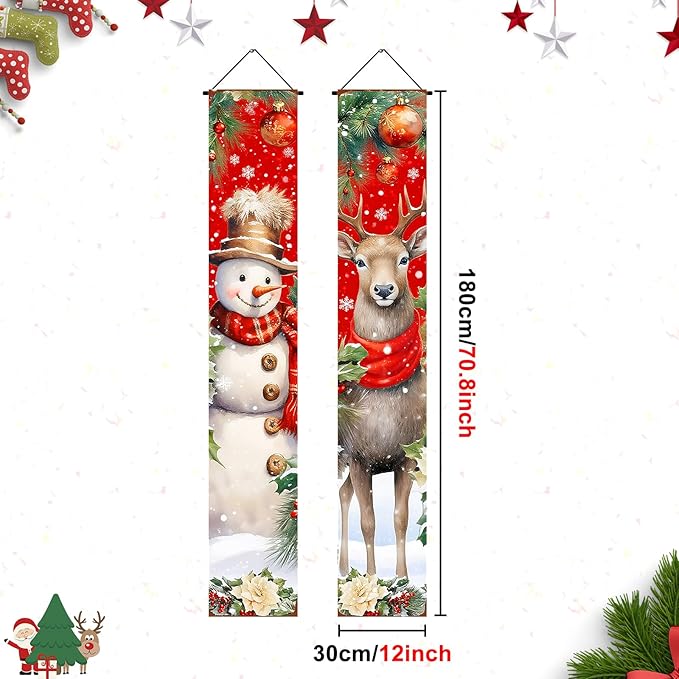 BlissYard Red Christmas Snowman and Reindeer Banners for Front Door Merry Christmas Door Banner Holiday Welcome Home Christma Decorations Xmas Porch Signs Winter Holiday Decor Elegant Porch Party Supplies 12x71 Inch