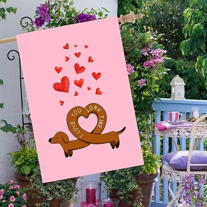Dachshund Valentine House Flag Weiner Dog Valentines Day Garden Decorative for Outside 28 x 40 Double Sided I Love You Long Time Holiday Anniversary Yard Banner