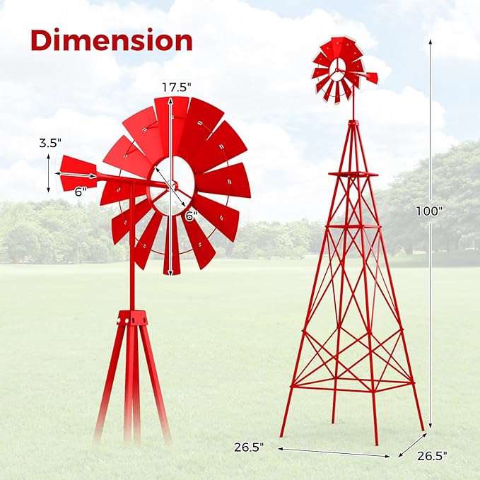 DREAMADE 8ft Steel Windmill, Farmhouse Windmill Decoration with Directional Vane, 4 Anchoring Stakes & Reinforced Base, Weather-Ready Garden Spinner for Backyard, Garden, Patios, Rural Areas (Red)