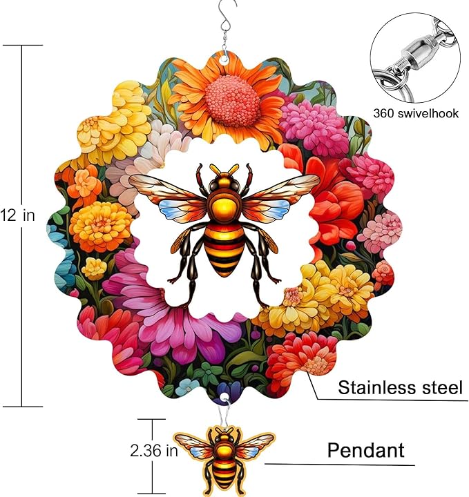 Bee Wind Spinners for Yard and Garden,12 inch Large Metal Wind Spinner Hanging Gifts for Women/Men, Magical 3D Kinetic Wind Sculptures for Indoor/Outdoor Decorations (Bee)
