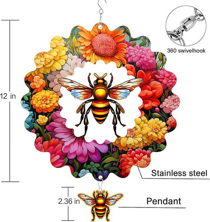 Bee Wind Spinners for Yard and Garden,12 inch Large Metal Wind Spinner Hanging Gifts for Women/Men, Magical 3D Kinetic Wind Sculptures for Indoor/Outdoor Decorations (Bee)