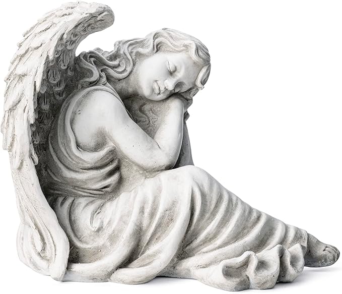 Glitzhome Resting Angel Statue Outdoor Garden Memorail Sculpture, 15in Tall, Cement Gray