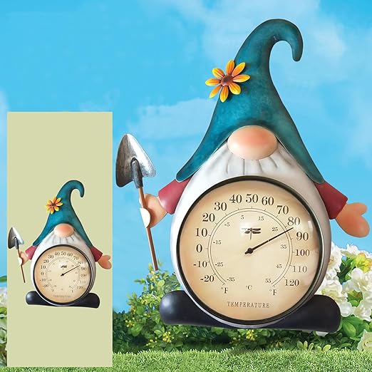 Metal Gnome Thermometer Indoor Outdoor Wall Art Decor Plaque Sculpture Hanging Mounted for Living Room Bedroom Kitchen Workroom Patio, Waterproof, No Battery Required