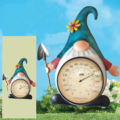 Metal Gnome Thermometer Indoor Outdoor Wall Art Decor Plaque Sculpture Hanging Mounted for Living Room Bedroom Kitchen Workroom Patio, Waterproof, No Battery Required