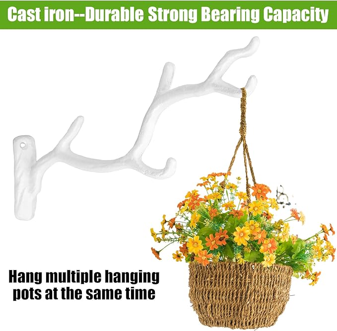 Blulu 2 Pcs 11'' Cast Iron Tree Branch Plant Hangers Decorative Metal Wall Bracket Hooks Wall Heavy Duty Home Storage Rack for Hanging Plants Pots Baskets Lanterns Wind Chimes Outdoor Indoor (White)