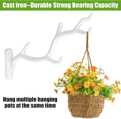 Blulu 2 Pcs 11'' Cast Iron Tree Branch Plant Hangers Decorative Metal Wall Bracket Hooks Wall Heavy Duty Home Storage Rack for Hanging Plants Pots Baskets Lanterns Wind Chimes Outdoor Indoor (White)