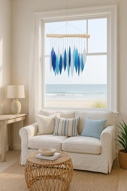 Blue & White Glass Wind Chime, Large 20″ – Recycled Glass & Driftwood Coastal Hanging Chime for Porch, Patio & Home