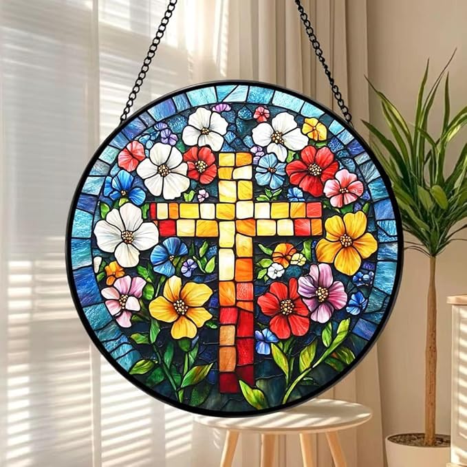 Funoasis Stained Glass Window Hanging 6.3 Inches Suncatcher - A Cross Surrounded by Flowers Ornaments Sun Catcher Home Decor Women Birthday