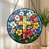 Funoasis Stained Glass Window Hanging 6.3 Inches Suncatcher - A Cross Surrounded by Flowers Ornaments Sun Catcher Home Decor Women Birthday