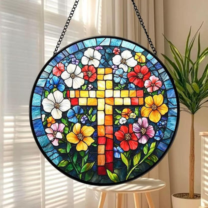 Funoasis Stained Glass Window Hanging 6.3 Inches Suncatcher - A Cross Surrounded by Flowers Ornaments Sun Catcher Home Decor Women Birthday