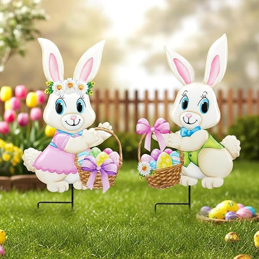 2PCS Spring Rabbit Metal Yard Decorations Stakes, Grandmas Garden Easter Holiday Yard Decoration Outdoor Stakes, Memorial Personalized Unique Garden Gifts Women for Grandma Statue