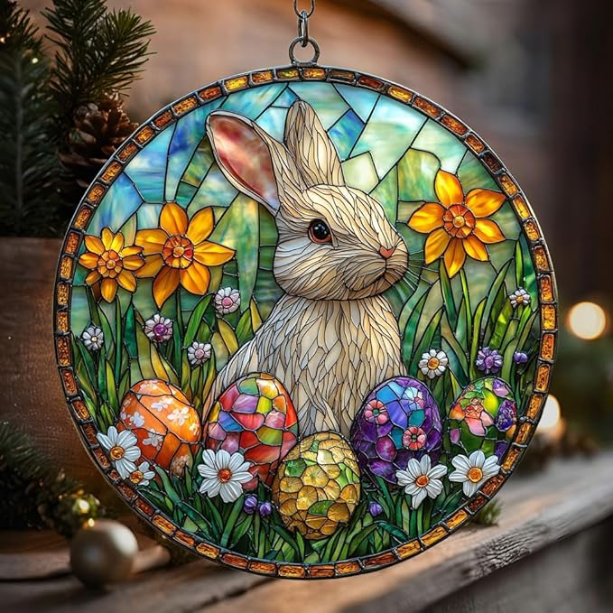 Vivid Mosaic Easter Bunny Art Acrylic Suncatcher Stained Glass Effect Window Car Hanging Christmas Ornament Indoor Outdoor Decor Garden Sun Catcher Panel for Easter Lover for Women Mom Grandma