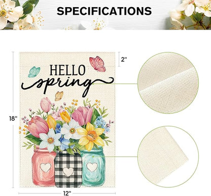 AVOIN colorlife Hello Spring Garden Flag 12x18 Inch Double Sided Outside, Floral Mason Jar Holiday Yard Outdoor Flag