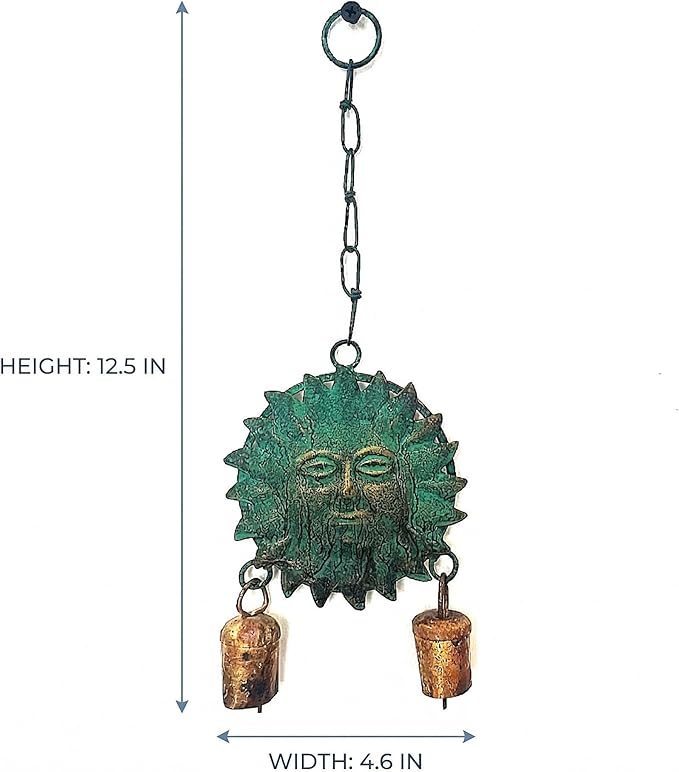 Metal Sun Wind Chime with Cow Bells – 12.6" x 4.6", Green Patina & Copper Finish, Celestial Garden Decor for Patio, Porch, or Balcony