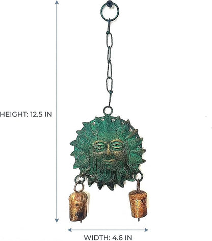 Metal Sun Wind Chime with Cow Bells – 12.6" x 4.6", Green Patina & Copper Finish, Celestial Garden Decor for Patio, Porch, or Balcony