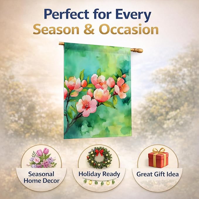 Caroline's Treasures Delaware Peach Blossom in Watercolor House Flag Large Porch Sleeve Pole Decorative Outside Yard Banner Artwork Wall Hanging, Polyester, House Size, Multicolor