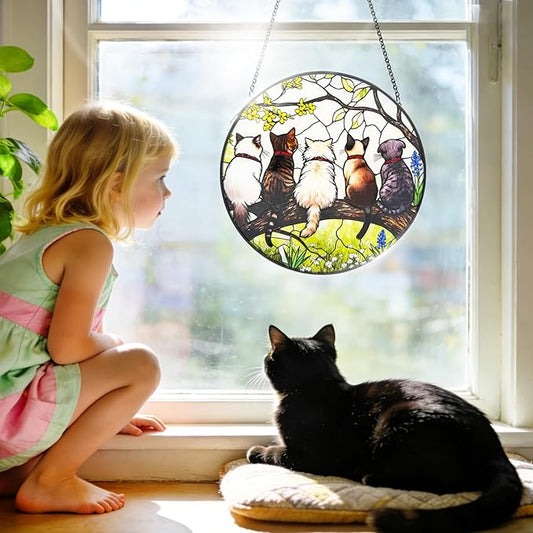 Stained Glass Suncatchers for Windows, 8 in Stained Glass Sun Catchers Indoor Window, Cat Suncatchers for Home Decor, Garden, Patio, Gift for Cat Lovers