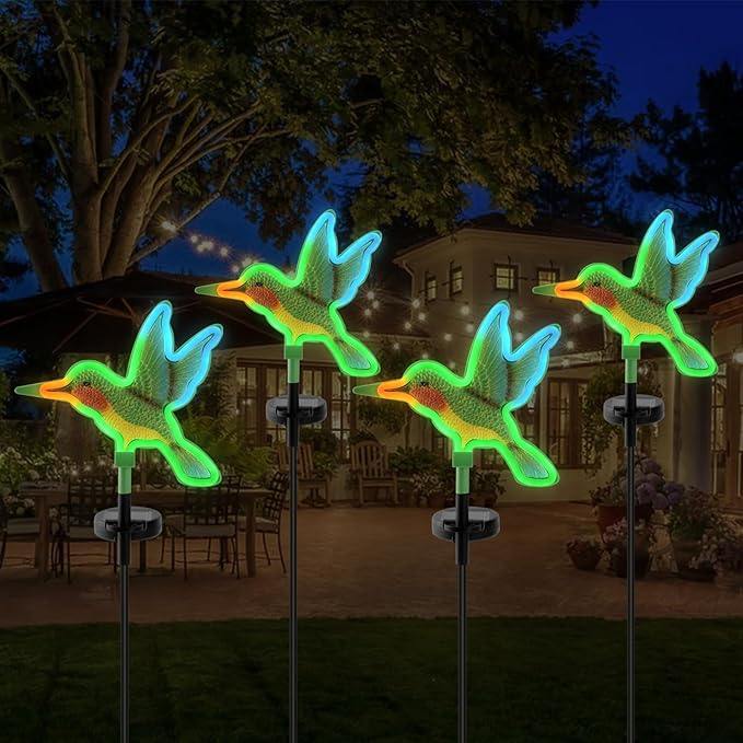 Solar Hummingbird Garden Lights 2 Pack, Colorful Neon Glow LED Solar Stake Lights, Waterproof Outdoor Decorative Landscape Lighting for Yard, Patio, Pathway