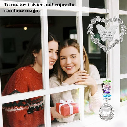 Suncatcher Gift for Sister Birthday, Best Sister Ever Crystal Hanging Ornament, Unique Sun Catcher for Indoor Windows, Heart Shaped Rainbow Maker