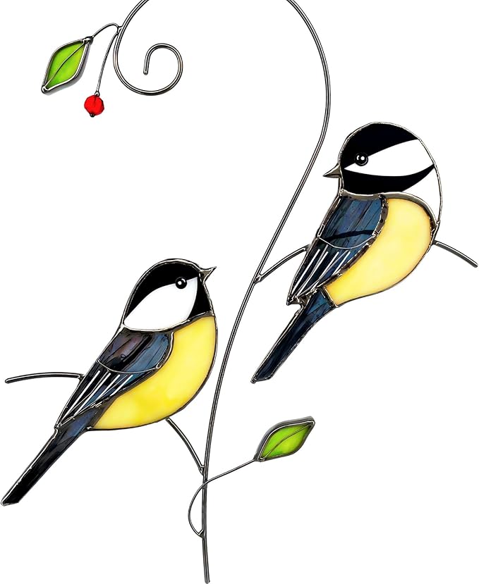 Chickadee (1 Pair) Stained Glass Birds Suncatcher for Mom, Grandma, Women - Real Glass Window Hanging Ornament - Handmade Bird Lover Home Decor (Gifts Ready Packaging)