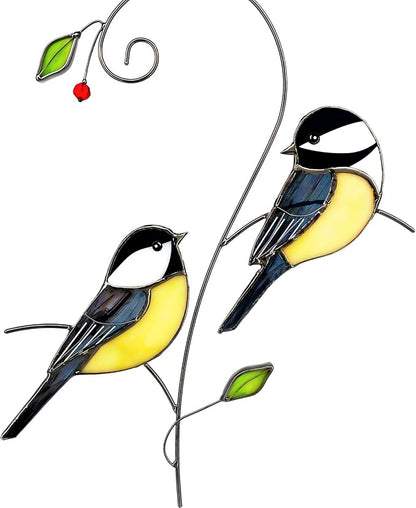 Chickadee (1 Pair) Stained Glass Birds Suncatcher for Mom, Grandma, Women - Real Glass Window Hanging Ornament - Handmade Bird Lover Home Decor (Gifts Ready Packaging)