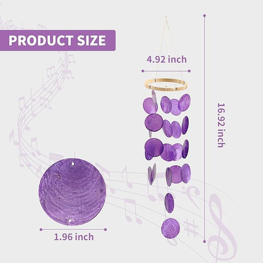 Capiz Wind Chimes for Outside, Outdoor Seashell Hanging Beach Coast Ocean Home Decorative, Unique Natural Shell Waterfall Windchimes for Summer Patio, Great Memorial Sympathy Gift（Purple