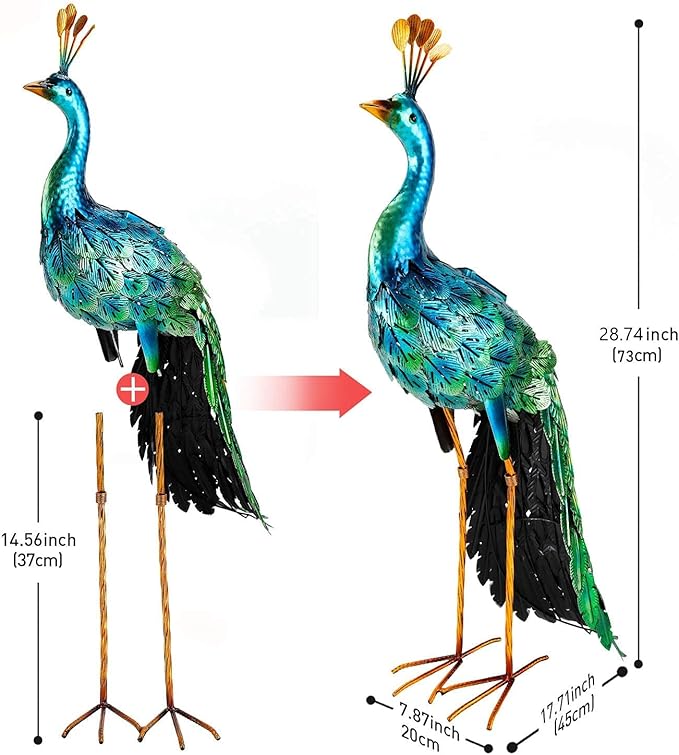 chisheen Outdoor Solar Peacock Decor Garden Statue Metal Yard Art Decoration Outdoor Sculptures for Backyard,Patio,Lawn,Wedding, for Women