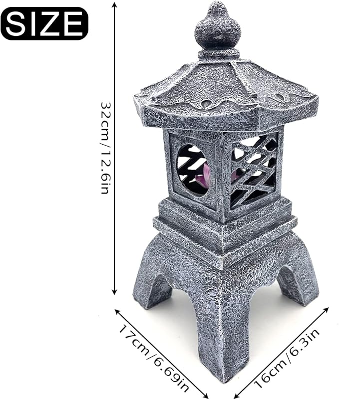 13 Inch Solar Pagoda Lantern Outdoor Statue, Pagoda Sculpture with Solar Lotus Light Asian Decor Zen Garden Art Japanese Temple Pagoda Lamp for Patio Yard Lawn Home Decorations Ornament Gift