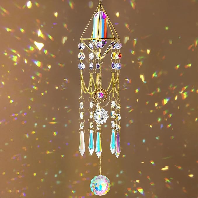 Crystal Sun Catcher Hanging Suncatchers Glass Prisms Wind Chime Room Decor for Garden Home Windows Decoration (Colorful Crystal)