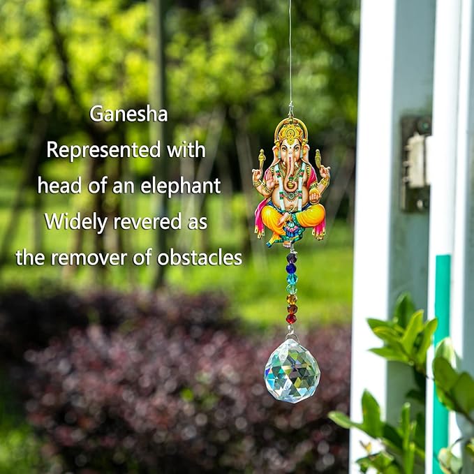 8inch Elephant God Prism Suncatcher Hindu Ganesha Protection Charm Decor Window Garden Wall Hanging Crystal Pendant for Christmas Tree
