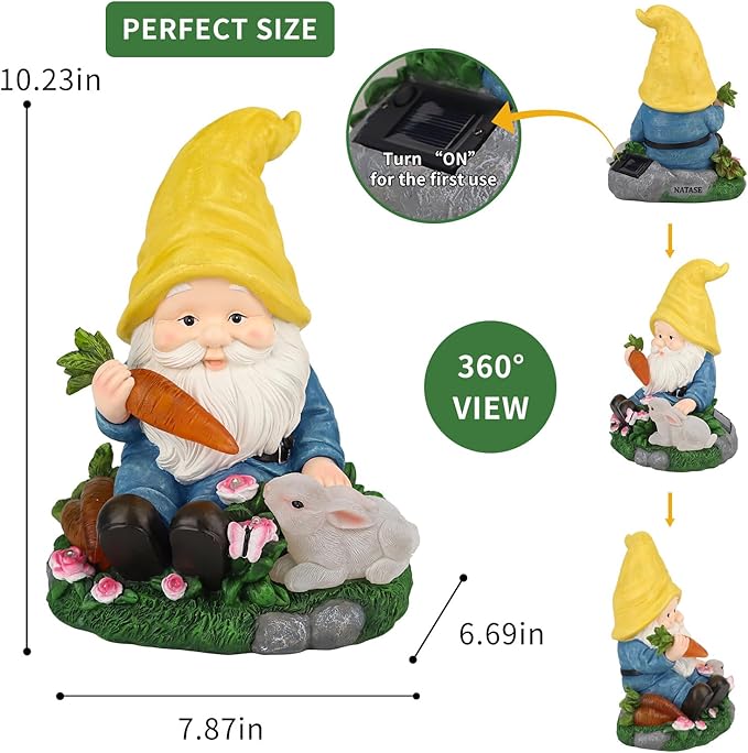 Solar Garden Outdoor Statues Gnome Feeding Rabbit with 6 LED Lawn Decor Outside Decorations for Patio, Balcony, Yard Ornament Unique Garden Gift