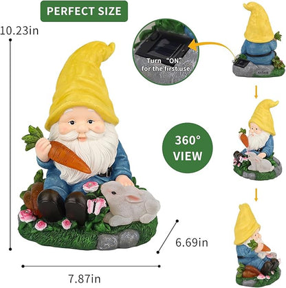 Solar Garden Outdoor Statues Gnome Feeding Rabbit with 6 LED Lawn Decor Outside Decorations for Patio, Balcony, Yard Ornament Unique Garden Gift