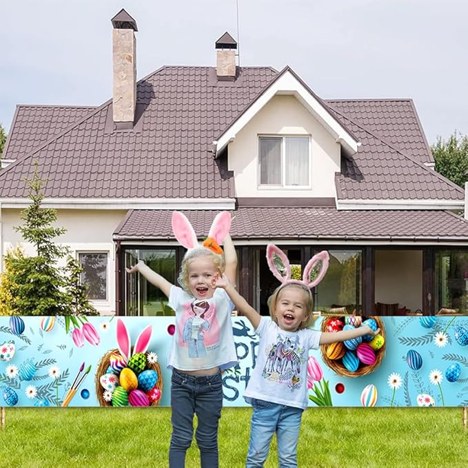 Happy Easter Banner 120" x 20" Outdoor Party Supplies Backdrop Bunny Eggs tulip Easter Banners for Home Decor Outside Indoor Garden Fence Garage Balcony Porch Tree Front Door Decorations