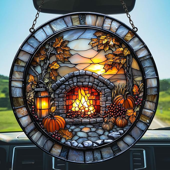 Cozy Autumn Fireplace Acrylic Suncatcher Stained Glass Effect Window Car Hanging Christmas Ornament Indoor Outdoor Decor Garden Sun Catcher Panel for Halloween Lover for Women Mom Grandma