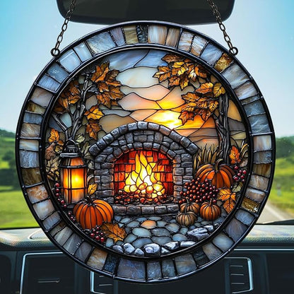 Cozy Autumn Fireplace Acrylic Suncatcher Stained Glass Effect Window Car Hanging Christmas Ornament Indoor Outdoor Decor Garden Sun Catcher Panel for Halloween Lover for Women Mom Grandma